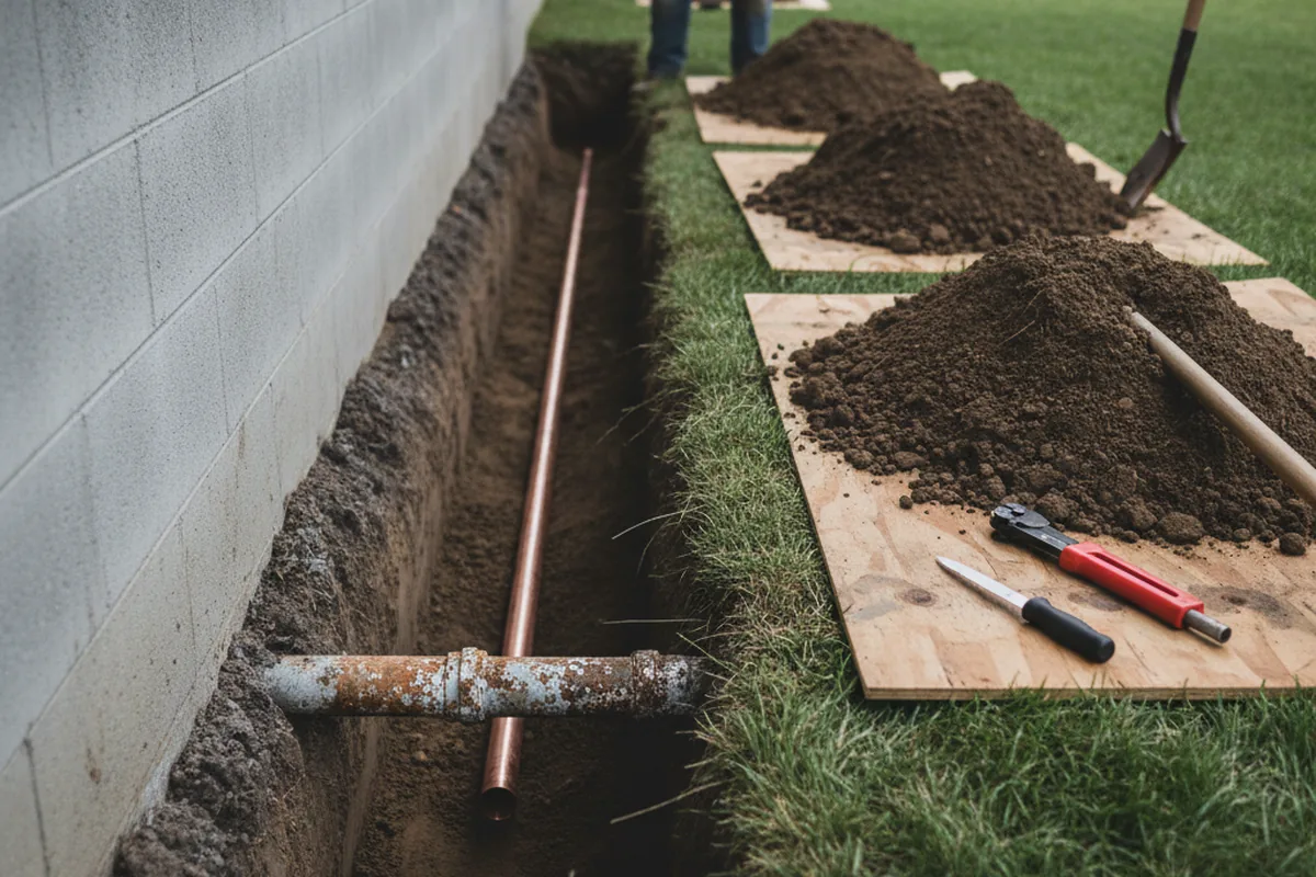 Excavated water line trench during Sewer Line Repair in Seaford